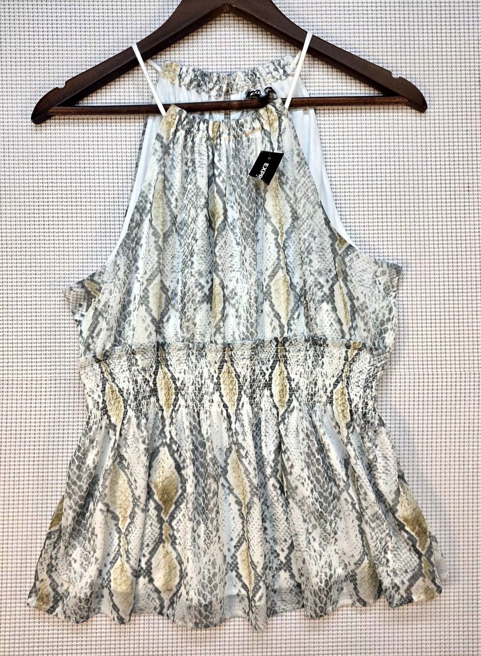 NWT Express Snakeskin Halter Top Smocked Waist Medium Boho Chic Mob Wife‎ Indie